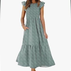 OFEEFAN Women's Casual Maxi Dresses with Pockets Ruffle Sleeve Smocked Dress